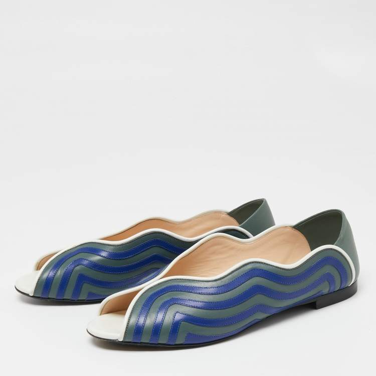 Pre Owned Fendi Blue/Green Leather Wave Peep-Toe Ballet Flats Size 40