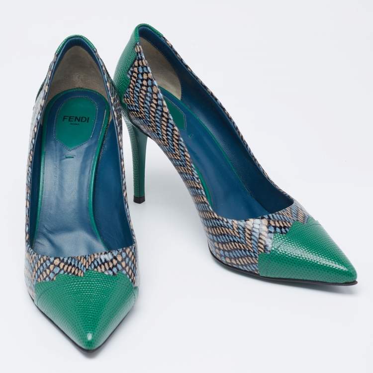 Pre Owned Fendi Multicolor Python Embossed And Lizard Embossed Leather Pointed Toe Pumps Size 40 
