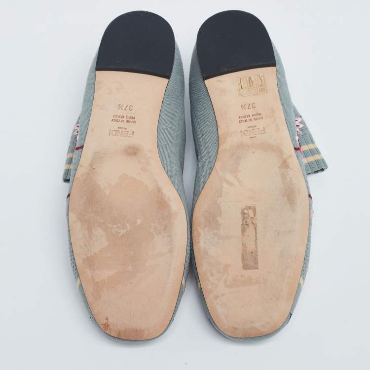 Pre Owned Fendi Light Teal Embroidered Knit Fabric Rockoko Ankle-Cuff Ballet Flats Size 37.5