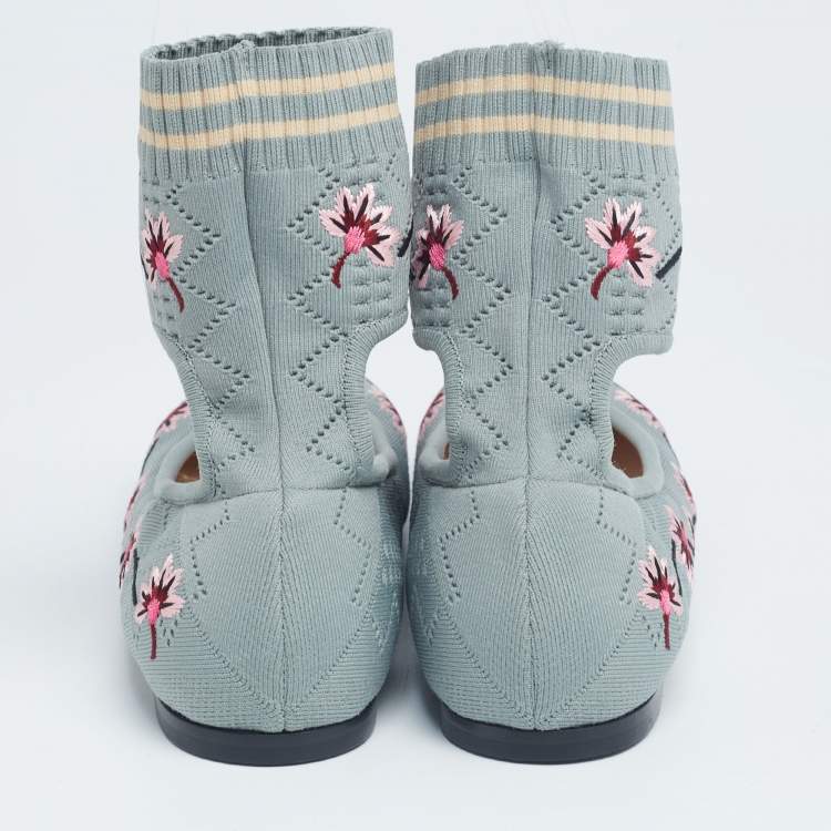 Pre Owned Fendi Light Teal Embroidered Knit Fabric Rockoko Ankle-Cuff Ballet Flats Size 37.5