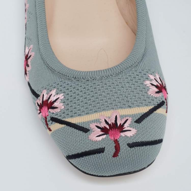 Pre Owned Fendi Light Teal Embroidered Knit Fabric Rockoko Ankle-Cuff Ballet Flats Size 37.5