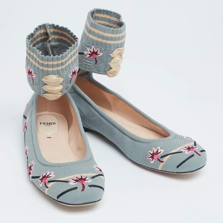 Pre Owned Fendi Light Teal Embroidered Knit Fabric Rockoko Ankle-Cuff Ballet Flats Size 37.5