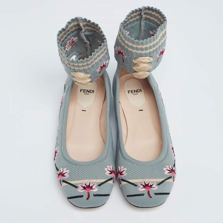 Pre Owned Fendi Light Teal Embroidered Knit Fabric Rockoko Ankle-Cuff Ballet Flats Size 37.5