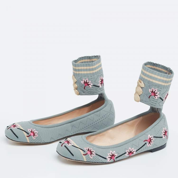 Pre Owned Fendi Light Teal Embroidered Knit Fabric Rockoko Ankle-Cuff Ballet Flats Size 37.5