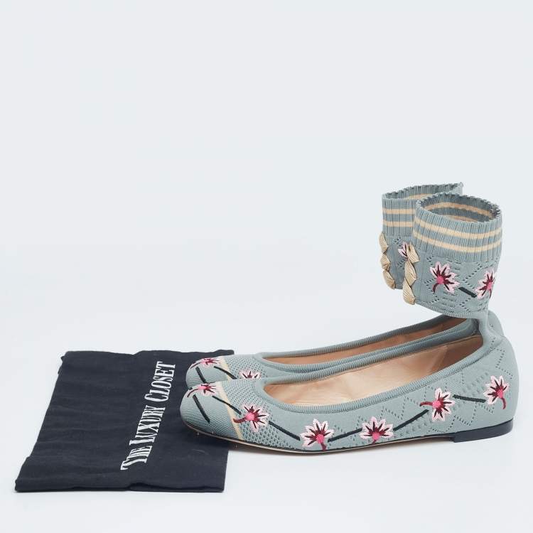 Pre Owned Fendi Light Teal Embroidered Knit Fabric Rockoko Ankle-Cuff Ballet Flats Size 37.5
