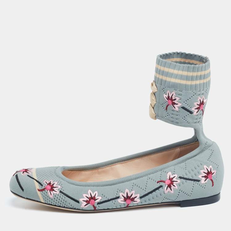 Pre Owned Fendi Light Teal Embroidered Knit Fabric Rockoko Ankle-Cuff Ballet Flats Size 37.5