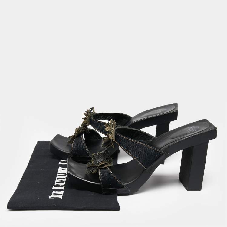 Pre Owned Fendi Blue Denim Flower Embellished Block Heel Sandals Size 39.5