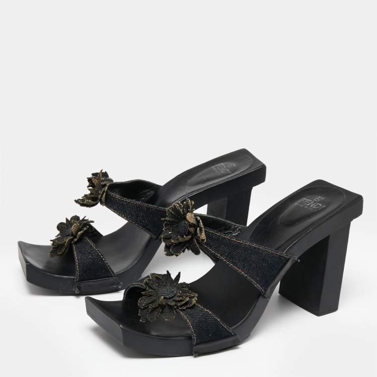 Pre Owned Fendi Blue Denim Flower Embellished Block Heel Sandals Size 39.5