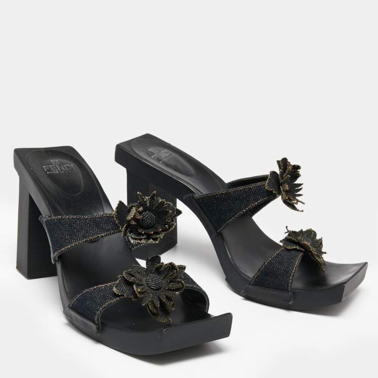 Pre Owned Fendi Blue Denim Flower Embellished Block Heel Sandals Size 39.5