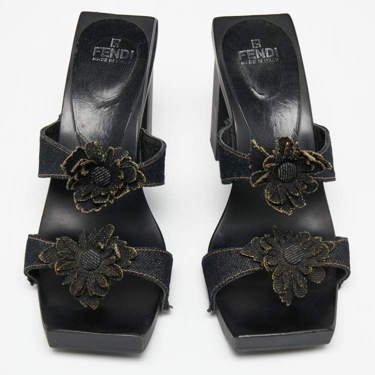 Pre Owned Fendi Blue Denim Flower Embellished Block Heel Sandals Size 39.5