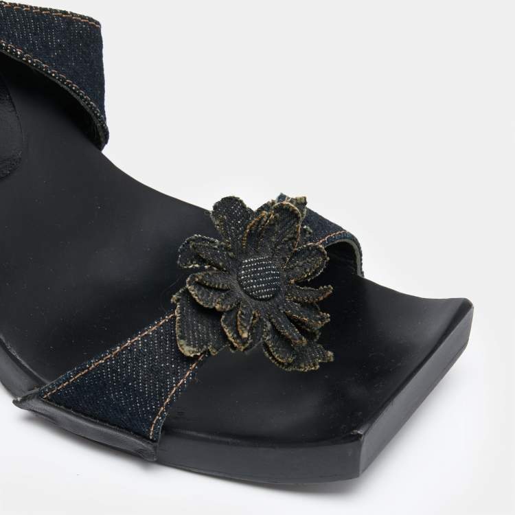 Pre Owned Fendi Blue Denim Flower Embellished Block Heel Sandals Size 39.5