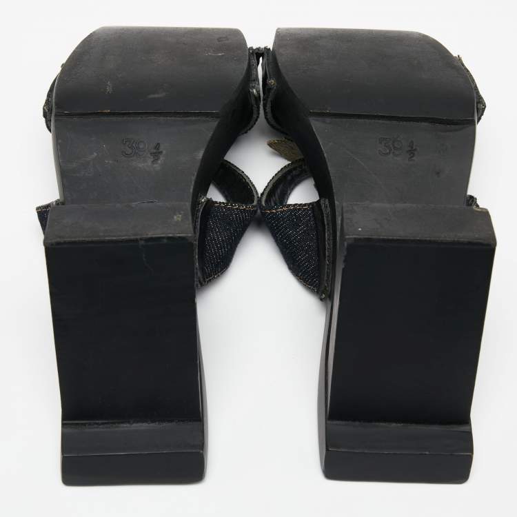 Pre Owned Fendi Blue Denim Flower Embellished Block Heel Sandals Size 39.5