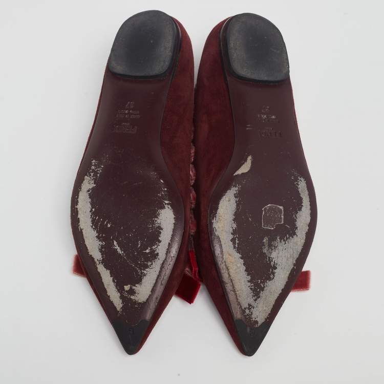 Pre Owned Fendi Burgundy Suede and Velvet Ribbon Stitch and Bow Detail Pointed Toe Ballet Flats Size 37
