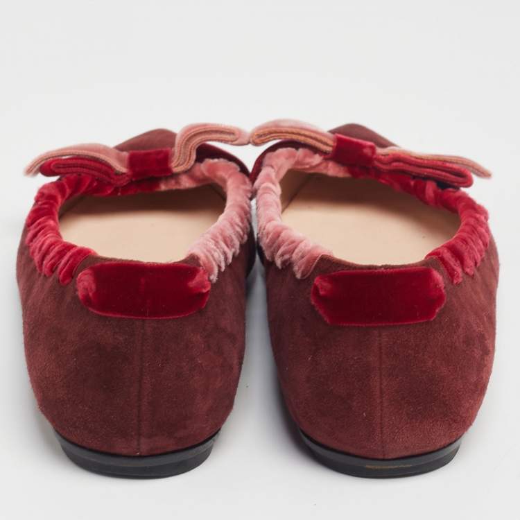Pre Owned Fendi Burgundy Suede and Velvet Ribbon Stitch and Bow Detail Pointed Toe Ballet Flats Size 37