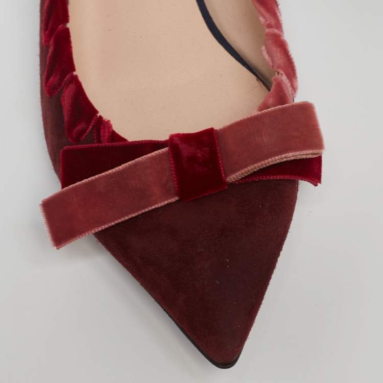 Pre Owned Fendi Burgundy Suede and Velvet Ribbon Stitch and Bow Detail Pointed Toe Ballet Flats Size 37