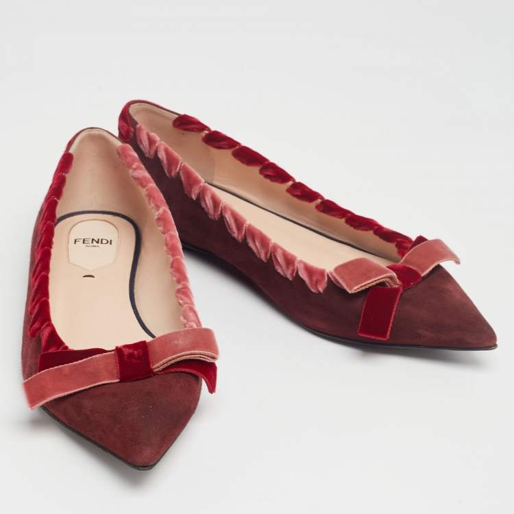 Pre Owned Fendi Burgundy Suede and Velvet Ribbon Stitch and Bow Detail Pointed Toe Ballet Flats Size 37