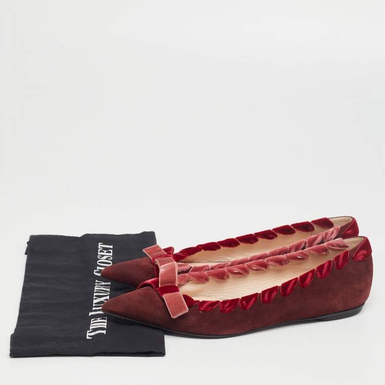Pre Owned Fendi Burgundy Suede and Velvet Ribbon Stitch and Bow Detail Pointed Toe Ballet Flats Size 37