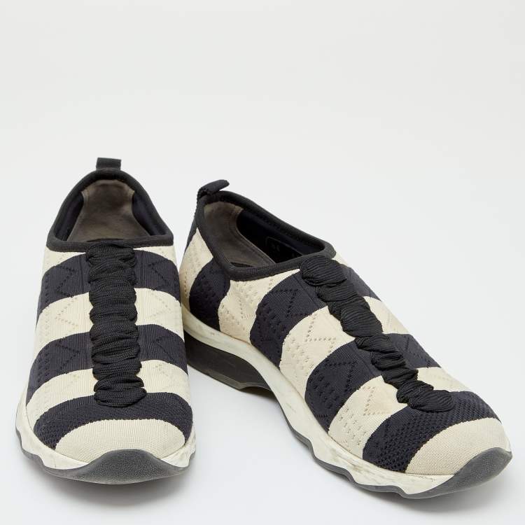 Pre Owned Fendi Black/Off-White Striped Fabric Slip On Sneakers 38.5