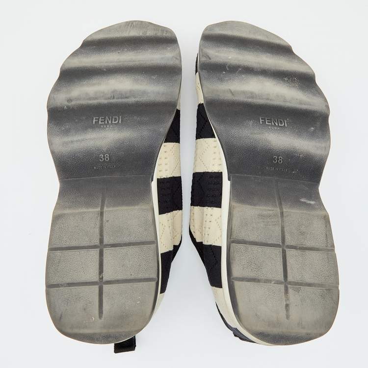 Pre Owned Fendi Black/Off-White Striped Fabric Slip On Sneakers 38.5