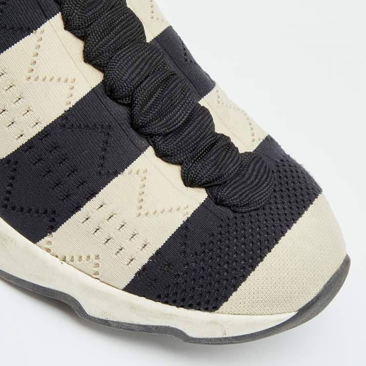 Pre Owned Fendi Black/Off-White Striped Fabric Slip On Sneakers 38.5