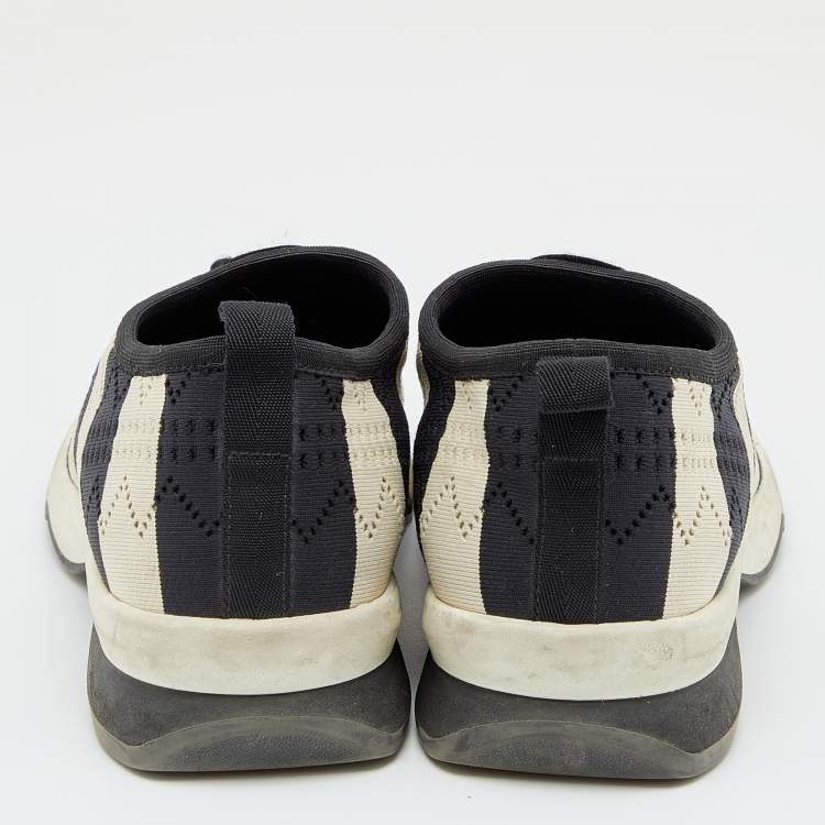Pre Owned Fendi Black/Off-White Striped Fabric Slip On Sneakers 38.5