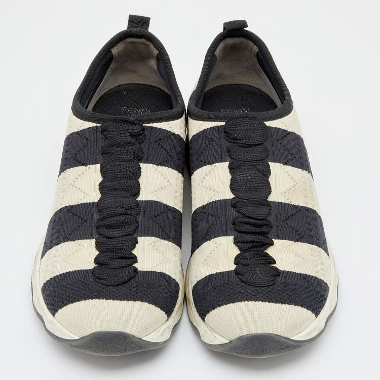 Pre Owned Fendi Black/Off-White Striped Fabric Slip On Sneakers 38.5