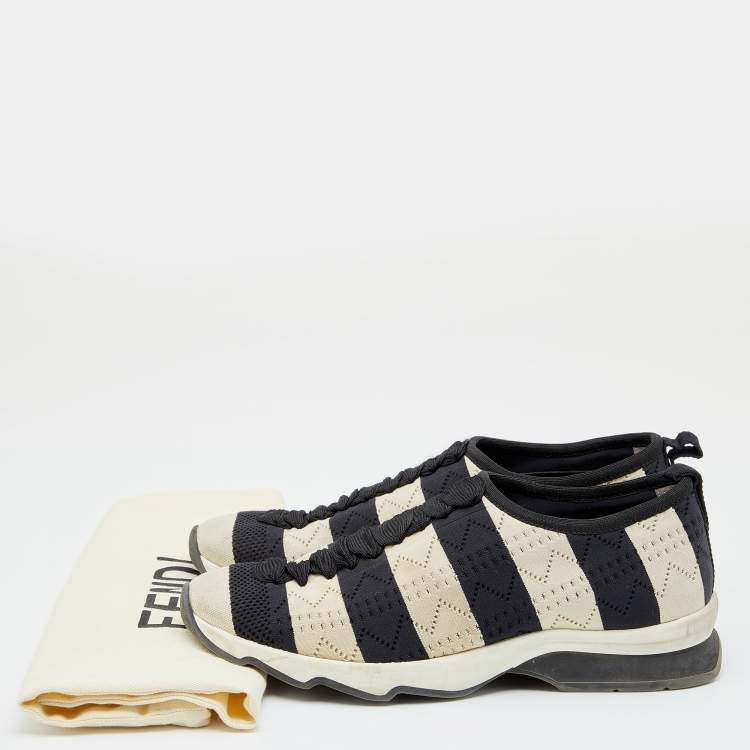 Pre Owned Fendi Black/Off-White Striped Fabric Slip On Sneakers 38.5