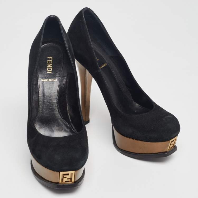 Pre Owned Fendi Black/Bronze Suede And Leather Fendista Platform Pumps Size 37