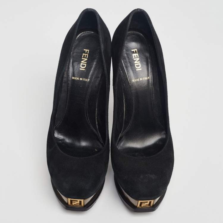 Pre Owned Fendi Black/Bronze Suede And Leather Fendista Platform Pumps Size 37