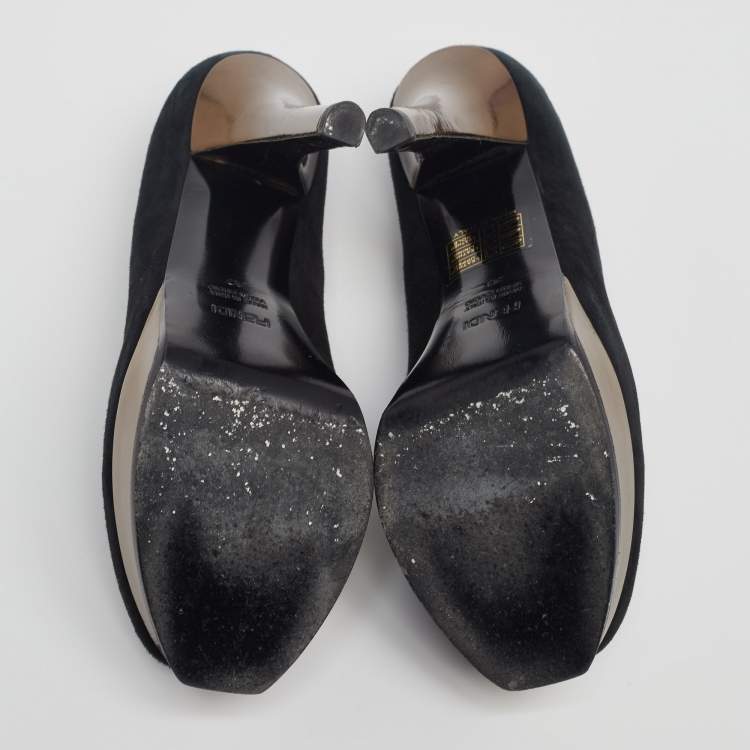 Pre Owned Fendi Black/Bronze Suede And Leather Fendista Platform Pumps Size 37