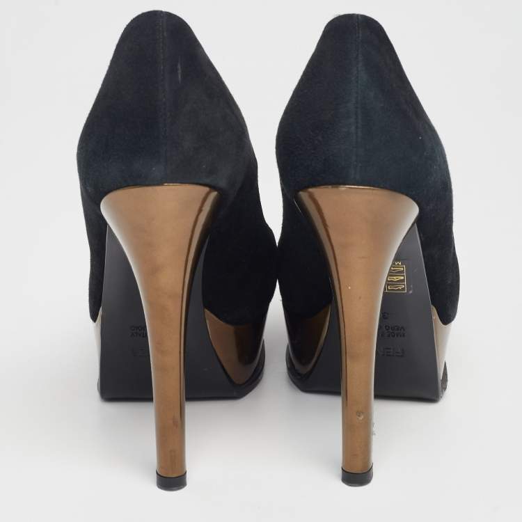 Pre Owned Fendi Black/Bronze Suede And Leather Fendista Platform Pumps Size 37