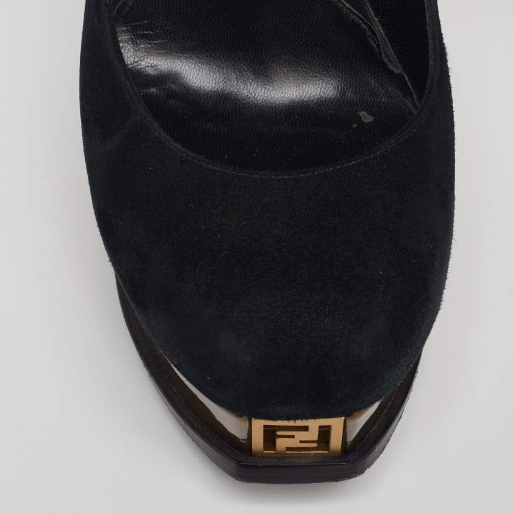 Pre Owned Fendi Black/Bronze Suede And Leather Fendista Platform Pumps Size 37