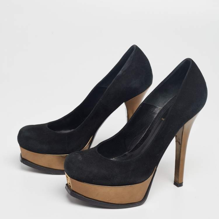 Pre Owned Fendi Black/Bronze Suede And Leather Fendista Platform Pumps Size 37
