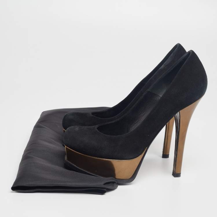 Pre Owned Fendi Black/Bronze Suede And Leather Fendista Platform Pumps Size 37