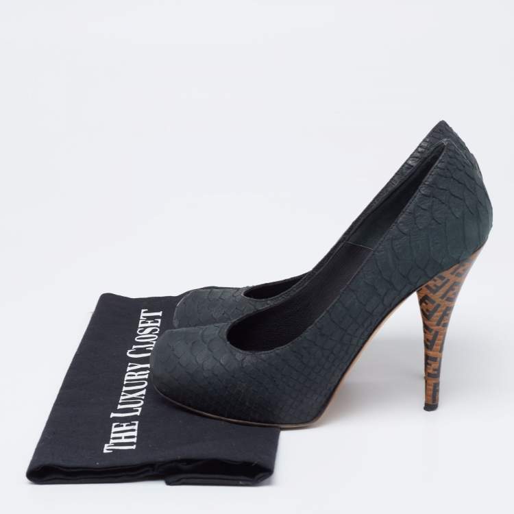 Pre Owned Fendi Dark Green Python Superstar Platform Pumps Size 37.5