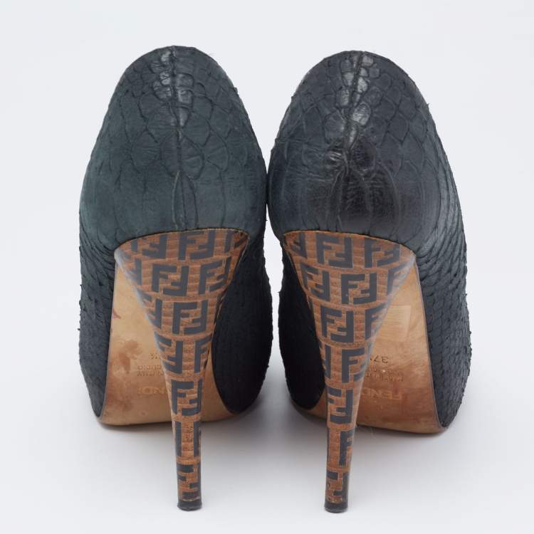Pre Owned Fendi Dark Green Python Superstar Platform Pumps Size 37.5