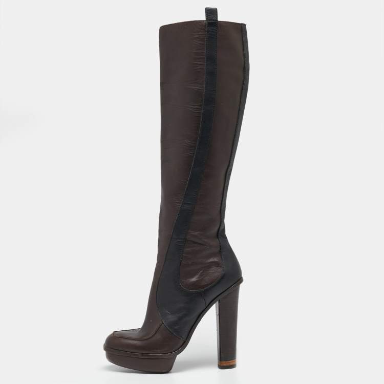 Pre Owned Fendi Brown/Black  Leather Knee Length Boots Size 36