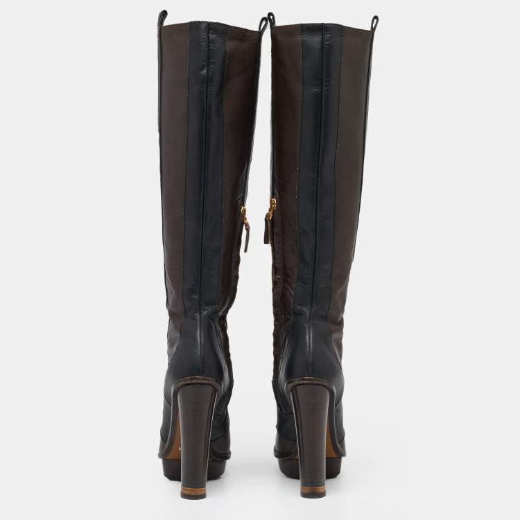 Pre Owned Fendi Brown/Black  Leather Knee Length Boots Size 36