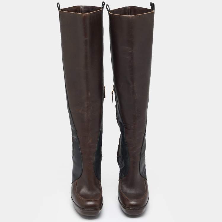 Pre Owned Fendi Brown/Black  Leather Knee Length Boots Size 36