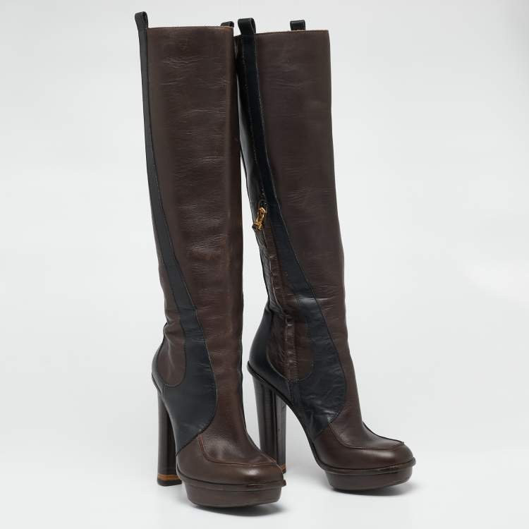 Pre Owned Fendi Brown/Black  Leather Knee Length Boots Size 36