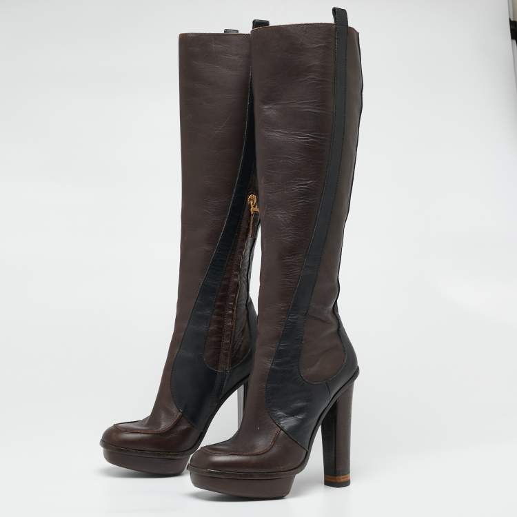 Pre Owned Fendi Brown/Black  Leather Knee Length Boots Size 36