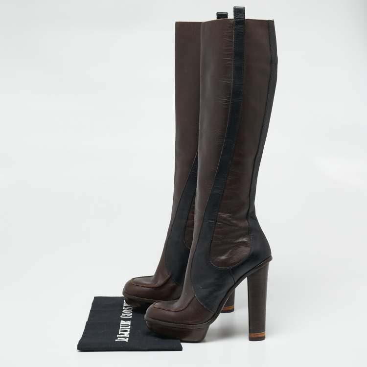 Pre Owned Fendi Brown/Black  Leather Knee Length Boots Size 36