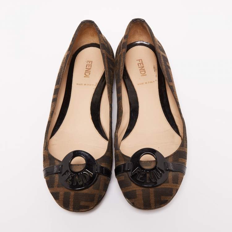 Pre Owned Fendi Brown Zucca Canvas Logo Bow Ballet Flats Size 36
