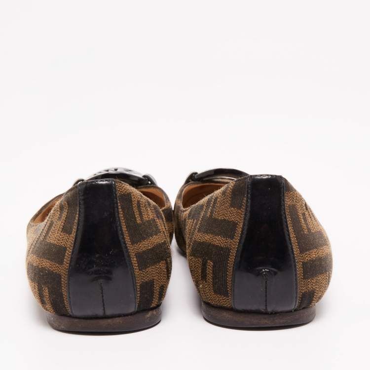 Pre Owned Fendi Brown Zucca Canvas Logo Bow Ballet Flats Size 36
