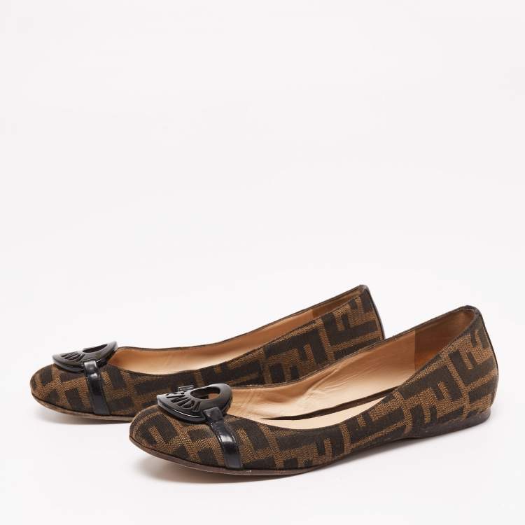 Pre Owned Fendi Brown Zucca Canvas Logo Bow Ballet Flats Size 36