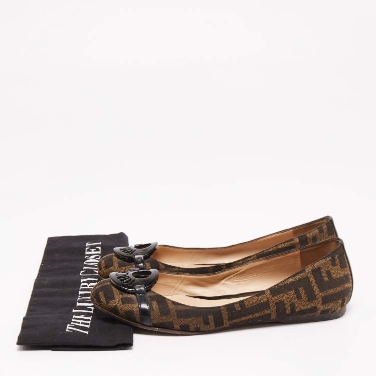 Pre Owned Fendi Brown Zucca Canvas Logo Bow Ballet Flats Size 36