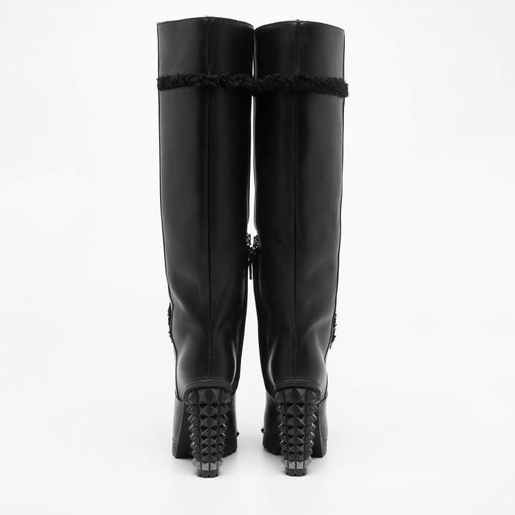 Pre Owned Fendi Black Leather Studded Knee  Boots Size 37