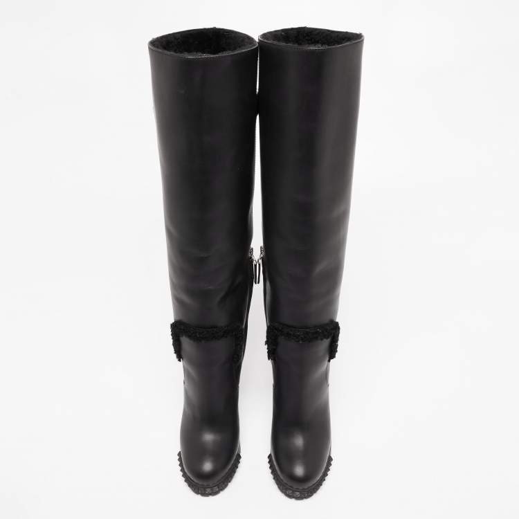 Pre Owned Fendi Black Leather Studded Knee  Boots Size 37