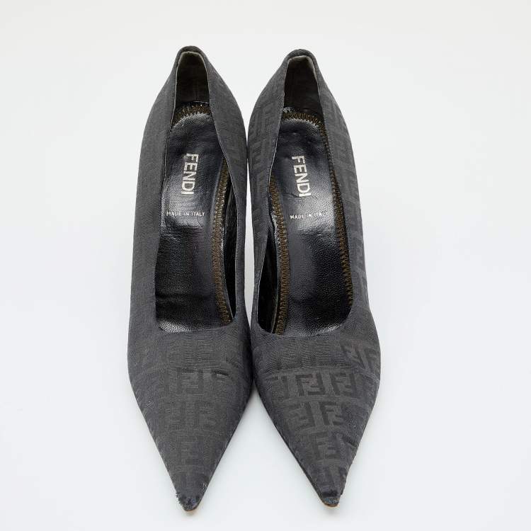 Pre Owned Fendi Black FF Zucca Canvas Pointed Toe Pumps Size 38.5