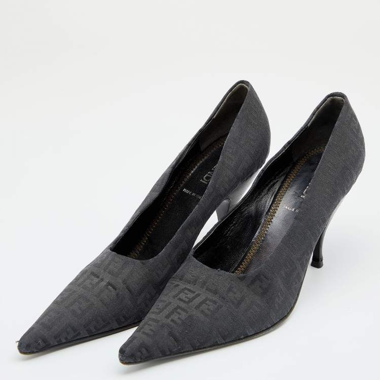 Pre Owned Fendi Black FF Zucca Canvas Pointed Toe Pumps Size 38.5
